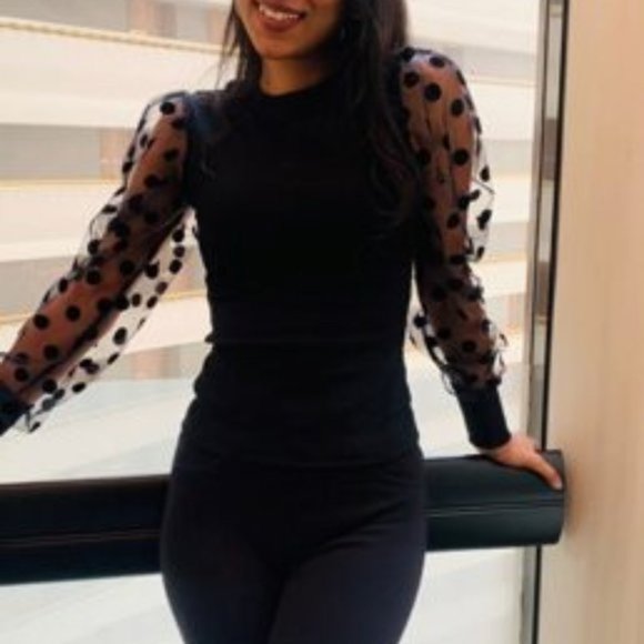 Womens Polka Dot Mesh Sleeve Top BLACK S M L XL - Picture 6 of 9